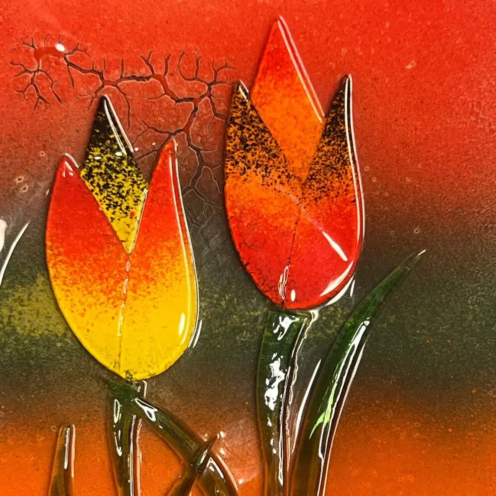 Square Fused Art Glass Tulip Platter Bowl Wall Hanging Handmade Vintage 70s